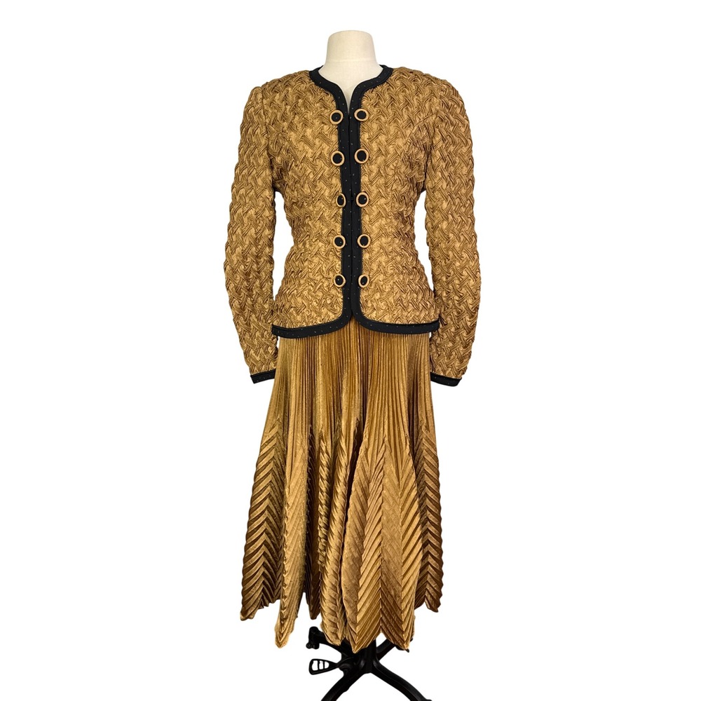 Jeanne Marc Collection Vintage‎ 3 Piece Gold Pleated Jacket Skirt Set, M 12 14